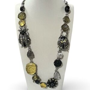 Silver Tone PJM Faux Stones HUGE Bug Beetle Acrylic Flower Linked Necklace